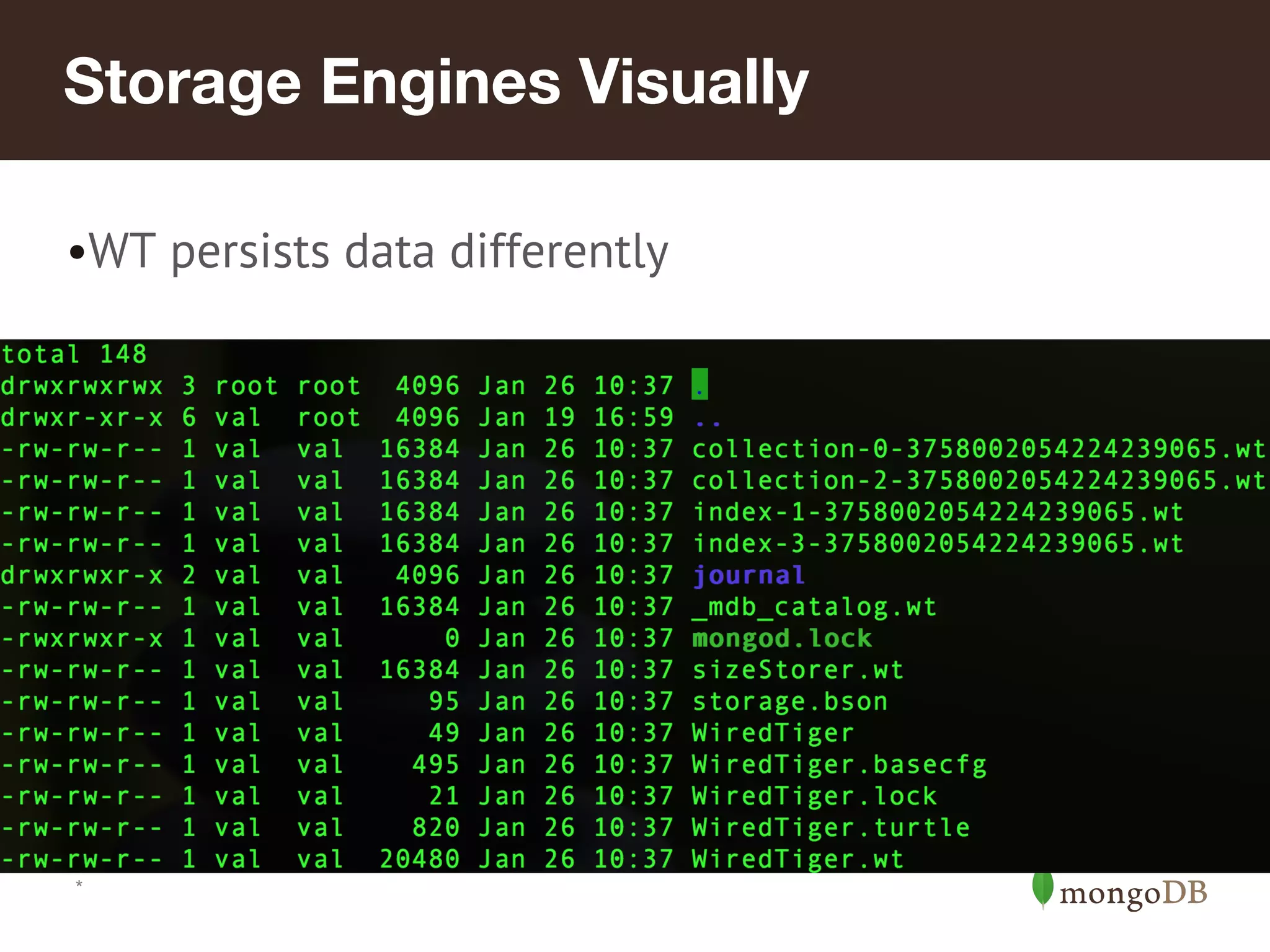 *
Storage Engines Visually
•WT persists data differently
 