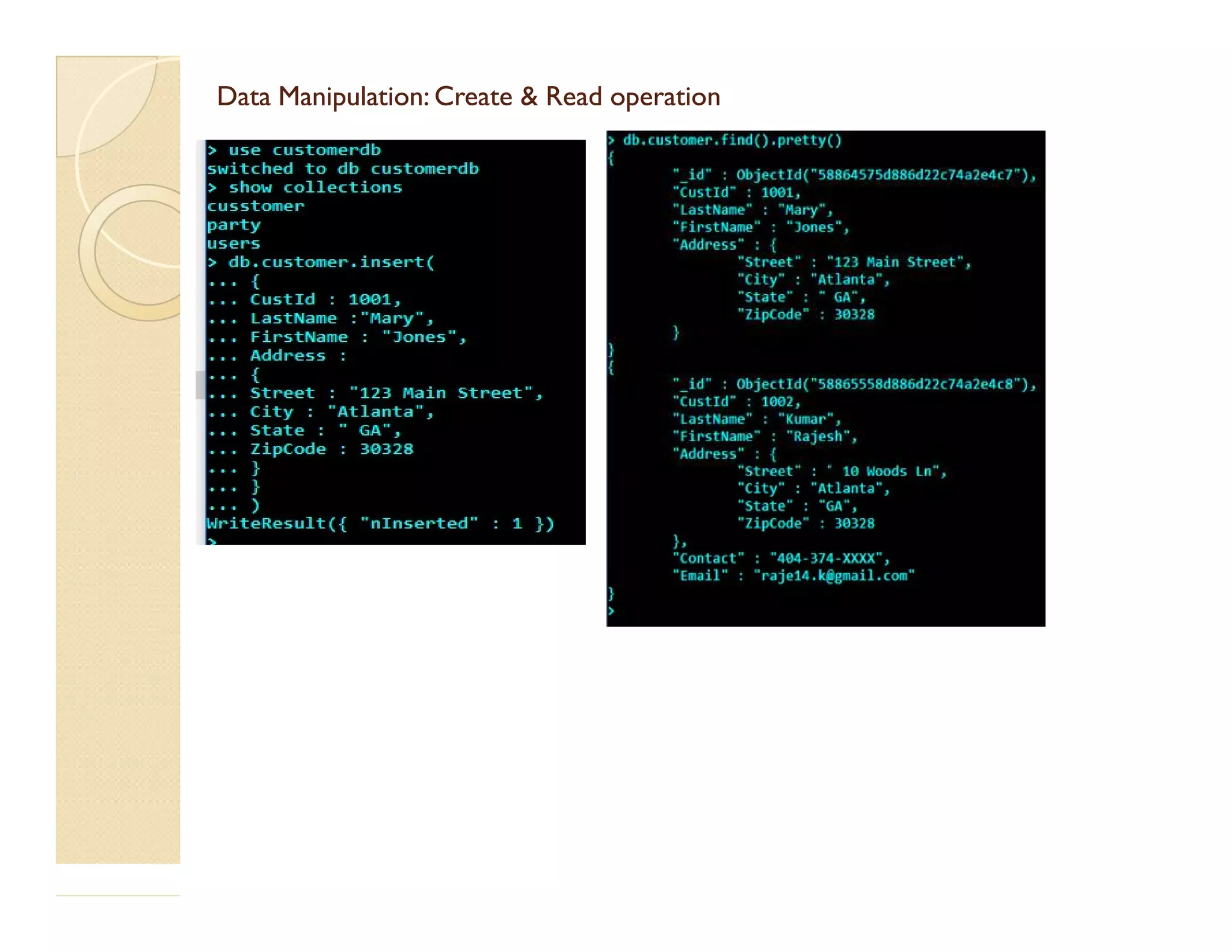 Data Manipulation: Create & Read operationData Manipulation: Create & Read operation 