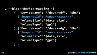 david@davidmturner.com
… --block-device-mapping ‘[
{ "DeviceName": "/dev/xvdf", "Ebs":
{"SnapshotId": “snap-xxxxxxxx”,
"VolumeSize":'$data_size',
"VolumeType": “gp2"}
},{"DeviceName": "/dev/xvdg", "Ebs":
{"SnapshotId": “snap-xxxxxxxx",
"VolumeSize":'$data_size',
"VolumeType": “gp2"}
} …
18
 