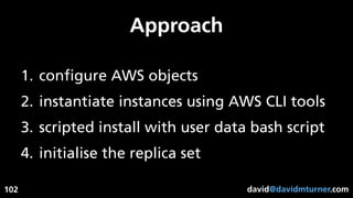 david@davidmturner.com
Approach
1. conﬁgure AWS objects
2. instantiate instances using AWS CLI tools
3. scripted install with user data bash script
4. initialise the replica set
102
 