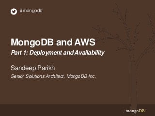 #mongodb

MongoDB and AWS
Part 1: Deployment and Availability

Sandeep Parikh
Senior Solutions Architect, MongoDB Inc.

 