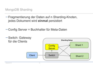 MongoDB Sharding

      Fragmentierung der Daten auf n Sharding-Knoten,
      jedes Dokument wird einmal persistiert

      Config Server = Buchhalter für Meta-Daten

      Switch: Gateway
                                           Sharding Setup
      für die Clients
                                  Config                    Shard 1
                                  Server


                    Client        Switch                    Shard 2

codecentric AG               19
 