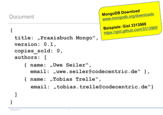 Document

{
      title: „Praxisbuch Mongo“,
      version: 0.1,
      copies_sold: 0,
      authors: [
         { name: „Uwe Seiler“,
           email: „uwe.seiler@codecentric.de“ },
         { name: „Tobias Trelle“,
           email: „tobias.trelle@codecentric.de“}
      ]
}
codecentric AG        7
 