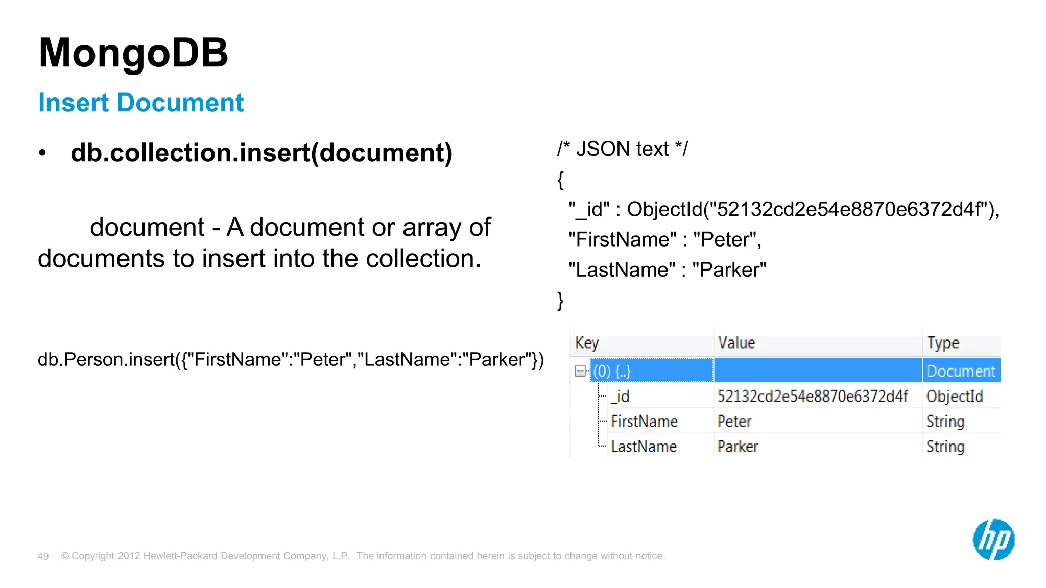 © Copyright 2012 Hewlett-Packard Development Company, L.P. The information contained herein is subject to change without notice. 49 Insert Document MongoDB • db.collection.insert(document) document - A document or array of documents to insert into the collection. db.Person.insert({"FirstName":"Peter","LastName":"Parker"}) /* JSON text */ { "_id" : ObjectId("52132cd2e54e8870e6372d4f"), "FirstName" : "Peter", "LastName" : "Parker" } 