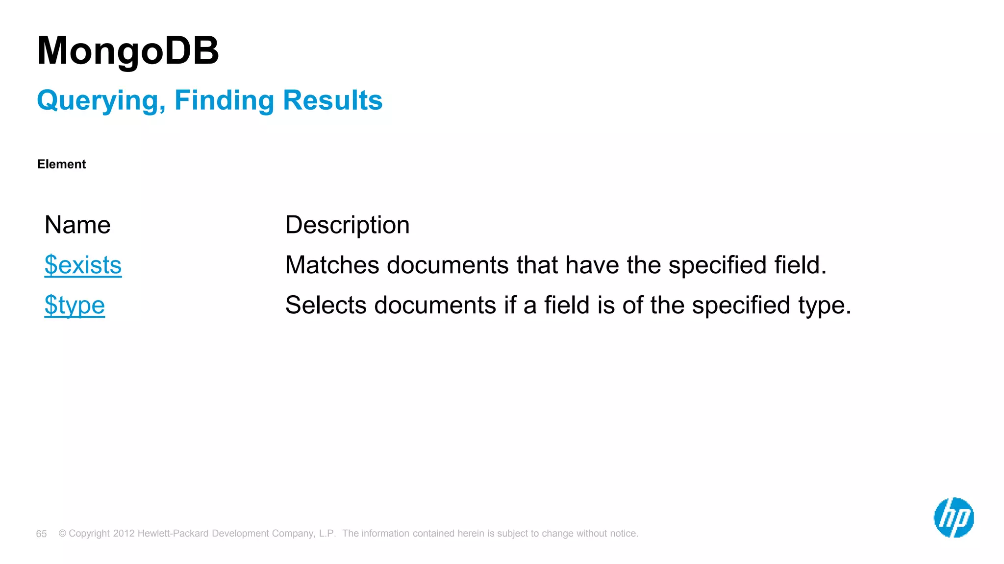 © Copyright 2012 Hewlett-Packard Development Company, L.P. The information contained herein is subject to change without notice. 65 Querying, Finding Results MongoDB Name Description $exists Matches documents that have the specified field. $type Selects documents if a field is of the specified type. Element 