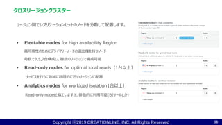 Copyright ⓒ2019 CREATIONLINE, INC. All Rights Reserved
リージョン間でレプリケーションセットのノードを分散して配置します。
• Electable nodes for high availability Region
高可用性のためにプライマリーノードの選出権を持つノード
奇数で3,5,7台構成し、複数のリージョンで構成可能
• Read-only nodes for optimal local reads（1台以上）
サービスを行うに地域に地理的に近いリージョンに配置
• Analytics nodes for workload isolation1台以上）
Read-only nodesと似ていますが、排他的に利用可能(BIツールとか）
クロスリージョンクラスター
38
 