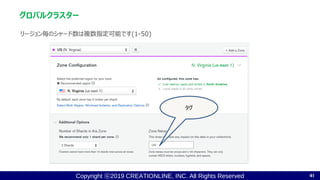 Copyright ⓒ2019 CREATIONLINE, INC. All Rights Reserved
グロバルクラスター
41
リージョン毎のシャード数は複数指定可能です(1-50)
タグ
 