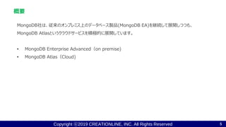 Copyright ⓒ2019 CREATIONLINE, INC. All Rights Reserved
概要
MongoDB社は、従来のオンプレミス上のデータベース製品(MongoDB EA)を継続して展開しつつも、
MongoDB Atlasというクラウドサービスを積極的に展開しています。
• MongoDB Enterprise Advanced（on premise)
• MongoDB Atlas（Cloud)
5
 