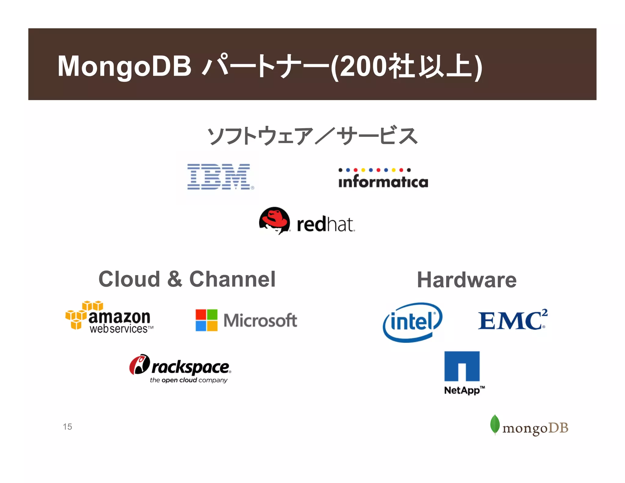 15
MongoDB パートナー(200社以上)
ソフトウェア／サービス
Cloud & Channel Hardware
 
