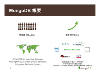 2
MongoDB 概要
従業員 300人以上 顧客 600社以上
オフィス所在地：New York, Palo Alto,
Washington DC, London, Dublin, Barcelona,
Singapore, Delhi and Sydney
出資額合計 $231 million
2013/10に$150Mの増資、新規に
Salesforce.com, EMC, Red Hat, Intel等の戦略的資本を受ける
 