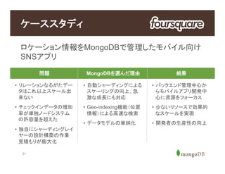 21
ロケーション情報をMongoDBで管理したモバイル向け
SNSアプリ
ケーススタディ
問題 MongoDBを選んだ理由 結果
•  リレーションなるがたデー
タはこれ以上スケール出
来ない
•  チェックインデータの増加
率が単独ノードシステム
の許容量を超えた
•  独自にシャーディングレイ
ヤーの設計構築の作業
見積もりが膨大化
•  自動シャーディングによる
スケーリングの向上、急
激な成長にも対応
•  Geo-indexing機能（位置
情報）による高速な検索
•  データモデルの単純化
•  バックエンド管理中心か
らモバイルアプリ開発中
心に資源をフォーカス
•  少ないリソースで効果的
なスケールを実現
•  開発者の生産性の向上
 