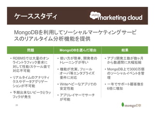 26
MongoDBを利用してソーシャルマーケティングサービ
スのリアルタイム分析機能を提供
ケーススタディ
問題 MongoDBを選んだ理由 結果
•  RDBMSでは大量のオン
ライントラフィック要求に
対して性能/スケール面で
対応不可能
•  リアルタイムのアナリティ
クスやデータアグリゲー
ションが不可能
•  予期出来ないピークとラッ
フィクが発生
•  使い方が簡単、開発者の
トレーニングが早い
•  機能が充実、フェール
オーバ等エンタプライズ
要件に対応
•  Writeヘビーなアプリでの
安定性能
•  アプリレイヤーでサーチ
が可能
•  アプリ開発工数が数ヶ月
から数週間に大幅短縮
•  MongoDB上で3000万個
のソーシャルイベントを管
理
•  一年でサポート顧客数を
6倍に増加
 