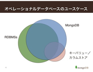 12
オペレーショナルデータベースのユースケース
RDBMSs
キーバリュー／
カラムストア!
MongoDB
 