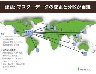 39
課題: マスターデータの変更と分散が困難
ゴールデン
コピー
バッチ
課題!
• マスターデータのスキー
マ変更が困難!
• 世界中に配布されたデー
タの同期確保が困難!
!
ビジネスへの影響"
• 同期が保証されていない
データによる問題!
• 必要な時にアップデート
されたデータが無い!
• コピー数が多い事による管
理コストが増大
バッチ
バッチ
バッチ
バッチ
バッチ
バッチ
バッチ
 