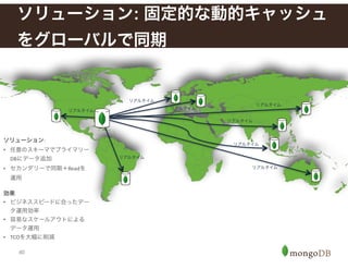 40
ソリューション: 固定的な動的キャッシュ
をグローバルで同期
リアルタイム
ソリューション:!
• 任意のスキーマでプライマリー
DBにデータ追加!
• セカンダリーで同期＋Readを
運用	
  
!
効果"
• ビジネススピードに合ったデー
タ運用効率!
• 容易なスケールアウトによる
データ運用!
• TCOを大幅に削減
リアルタイム
リアルタイム
リアルタイム
リアルタイム
リアルタイム
リアルタイム
リアルタイム
 