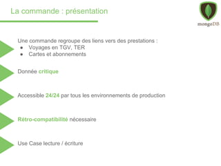 La commande : présentation
Une commande regroupe des liens vers des prestations :
● Voyages en TGV, TER
● Cartes et abonnements
Accessible 24/24 par tous les environnements de production
Rétro-compatibilité nécessaire
Use Case lecture / écriture
Donnée critique
 