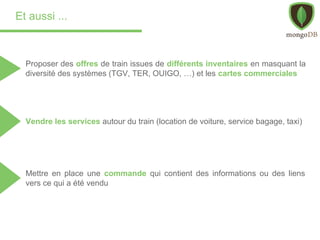 Et aussi ...
Vendre les services autour du train (location de voiture, service bagage, taxi)
Proposer des offres de train issues de différents inventaires en masquant la
diversité des systèmes (TGV, TER, OUIGO, …) et les cartes commerciales
Mettre en place une commande qui contient des informations ou des liens
vers ce qui a été vendu
 