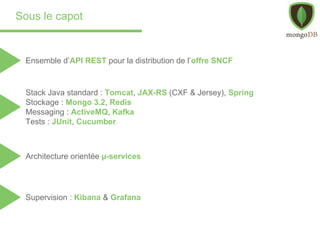 Sous le capot
Ensemble d’API REST pour la distribution de l’offre SNCF
Stack Java standard : Tomcat, JAX-RS (CXF & Jersey), Spring
Stockage : Mongo 3.2, Redis
Messaging : ActiveMQ, Kafka
Tests : JUnit, Cucumber
Supervision : Kibana & Grafana
Architecture orientée µ-services
 