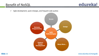 www.edureka.in/mongodbSlide 16
 Agile development, quick changes, and frequent code pushes
Benefit of NoSQL
Scrum
Design
Many More…
Feature
Driven
Development
Extreme
Programming
Agile
Methodologies
 