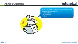 www.edureka.in/mongodbSlide 42
Annie’s Question
Which kind of data can be processed with MongoDB,
choose from below option
1 Online Data
2 Offline Data
3 Both
 