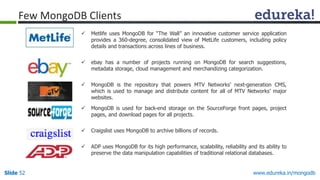 www.edureka.in/mongodbSlide 52
 Metlife uses MongoDB for “The Wall” an innovative customer service application
provides a 360-degree, consolidated view of MetLife customers, including policy
details and transactions across lines of business.
 ebay has a number of projects running on MongoDB for search suggestions,
metadata storage, cloud management and merchandizing categorization.
 MongoDB is the repository that powers MTV Networks’ next-generation CMS,
which is used to manage and distribute content for all of MTV Networks’ major
websites.
 MongoDB is used for back-end storage on the SourceForge front pages, project
pages, and download pages for all projects.
 Craigslist uses MongoDB to archive billions of records.
 ADP uses MongoDB for its high performance, scalability, reliability and its ability to
preserve the data manipulation capabilities of traditional relational databases.
Few MongoDB Clients
 