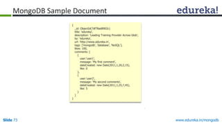 www.edureka.in/mongodbSlide 73
{
_id: ObjectId(7df78ad8902c)
title: 'edureka',
description: 'Leading Training Provider Across Glob',
by: 'edureka',
url: 'http://www.edureka.in',
tags: ['mongodb', 'database', 'NoSQL'],
likes: 100,
comments: [
{
user:'user1',
message: 'My first comment',
dateCreated: new Date(2011,1,20,2,15),
like: 0
},
{
user:'user2',
message: 'My second comments',
dateCreated: new Date(2011,1,25,7,45),
like: 5
}
]
}
MongoDB Sample Document
 