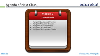 www.edureka.in/mongodbSlide 90
Agenda of Next Class
 MongoDB Development Overview
 MongoDB Production Overview
 MongoDB CRUD Introduction
 MongoDB CRUD Concepts
 MongoDB CRUD Syntax & Queries
Module 2
CRUD Operations
 