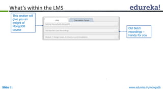www.edureka.in/mongodbSlide 91
This section will
give you an
insight of
MongoDB
course
Old Batch
recordings –
Handy for you
What’s within the LMS
 