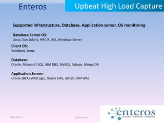 Enteros
2014-03-13 Enteros, Inc.
Upbeat High Load Capture
Supported Infrastructure, Database, Application server, OS monitoring
Database Server OS:
Linux, Sun Solaris, HP/UX, AIX, Windows Server
Client OS:
Windows, Linux
Database:
Oracle, Microsoft SQL, IBM DB2, MySQL, Sybase, MongoDB
Application Server:
Oracle (BEA) WebLogic, Oracle OAS, JBOSS, IBM WAS
 