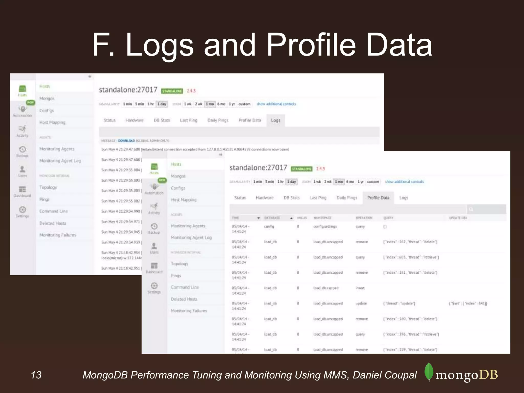 13 MongoDB Performance Tuning and Monitoring Using MMS, Daniel Coupal
F. Logs and Profile Data
 
