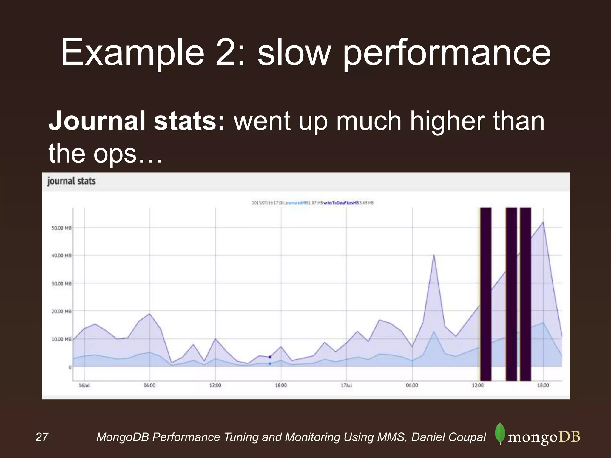 27 MongoDB Performance Tuning and Monitoring Using MMS, Daniel Coupal
Example 2: slow performance
Journal stats: went up much higher than
the ops…
 