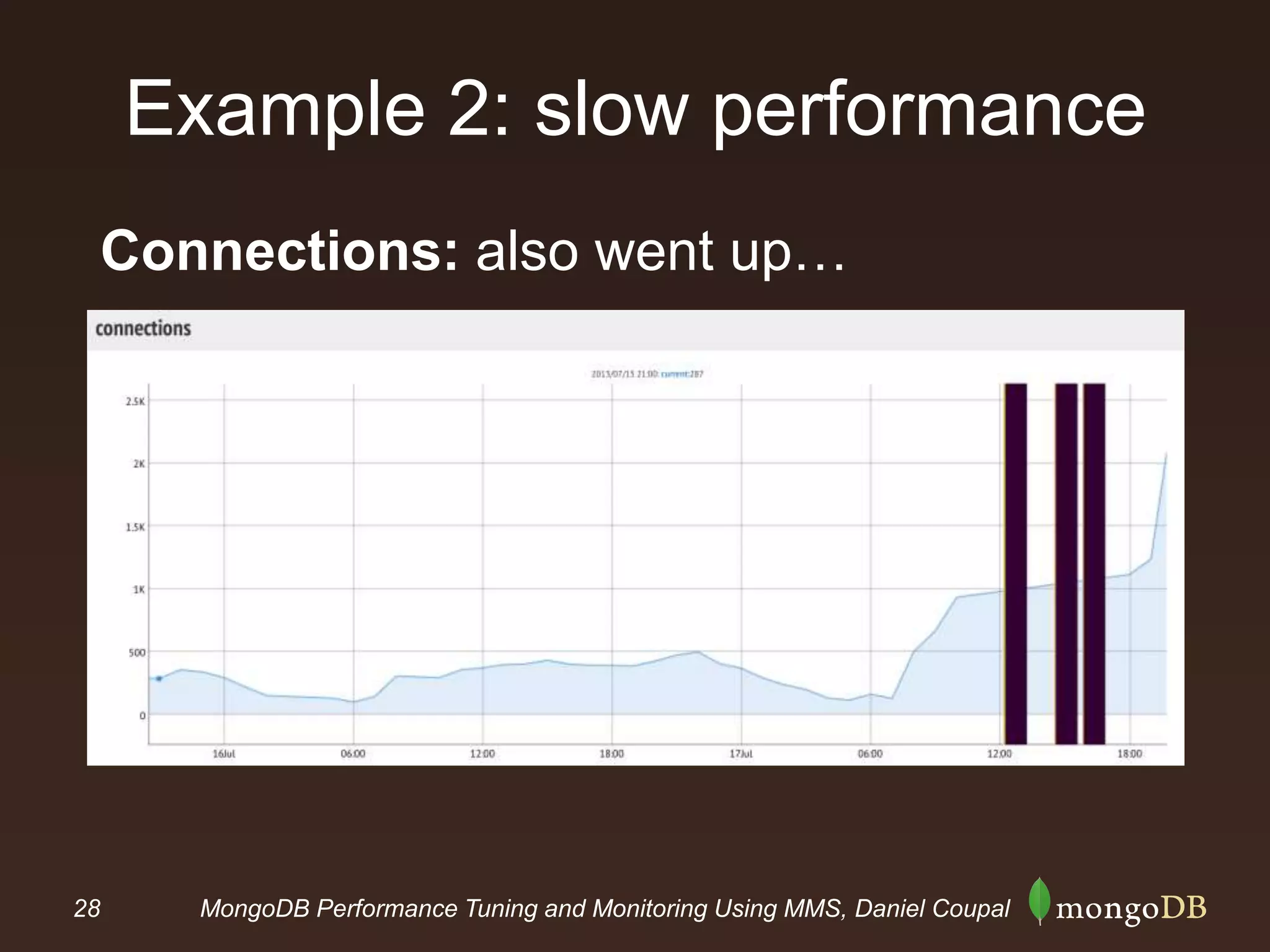 28 MongoDB Performance Tuning and Monitoring Using MMS, Daniel Coupal
Example 2: slow performance
Connections: also went up…
 