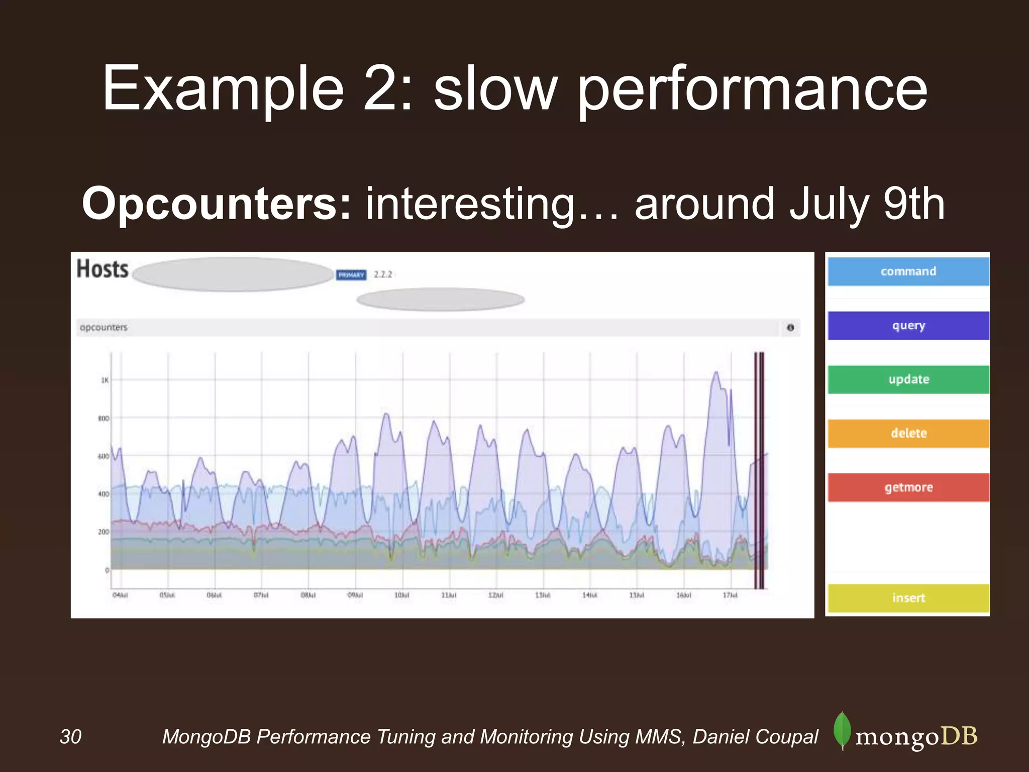 30 MongoDB Performance Tuning and Monitoring Using MMS, Daniel Coupal
Example 2: slow performance
Opcounters: interesting… around July 9th
 