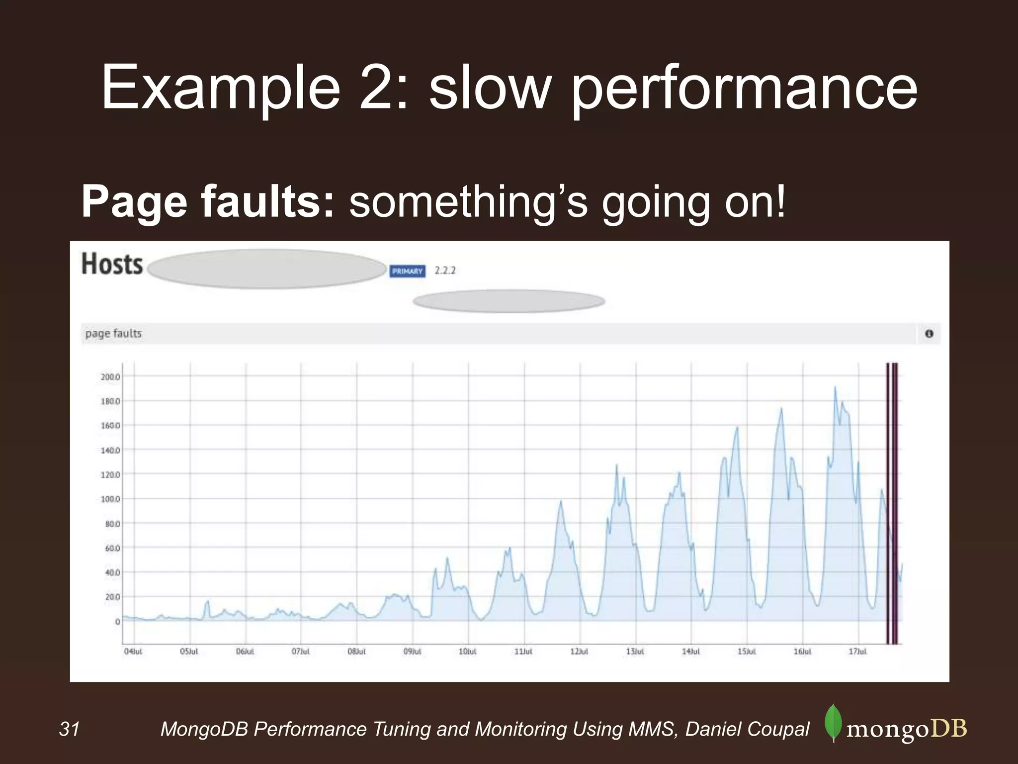 31 MongoDB Performance Tuning and Monitoring Using MMS, Daniel Coupal
Example 2: slow performance
Page faults: something’s going on!
 