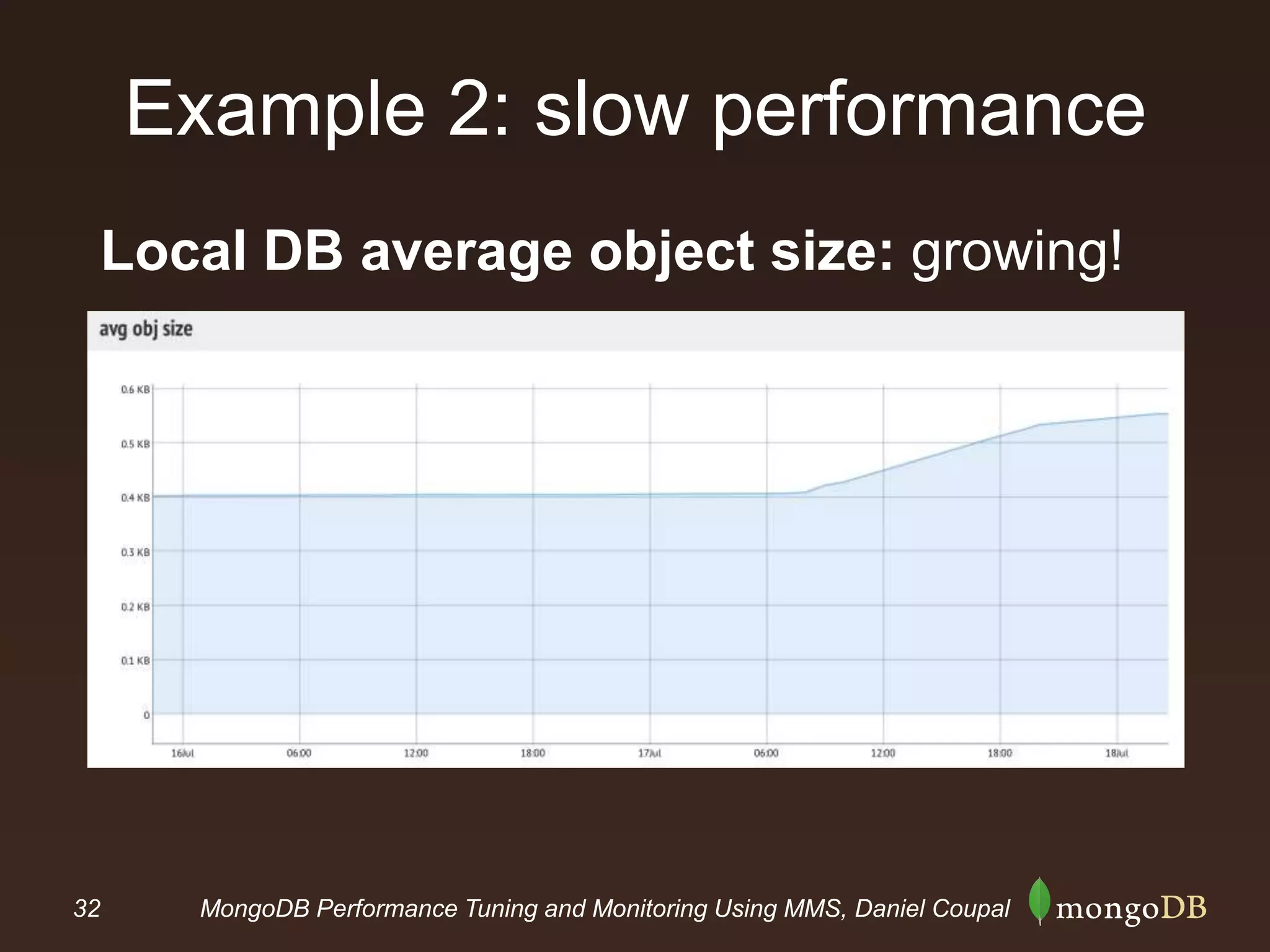 32 MongoDB Performance Tuning and Monitoring Using MMS, Daniel Coupal
Example 2: slow performance
Local DB average object size: growing!
 