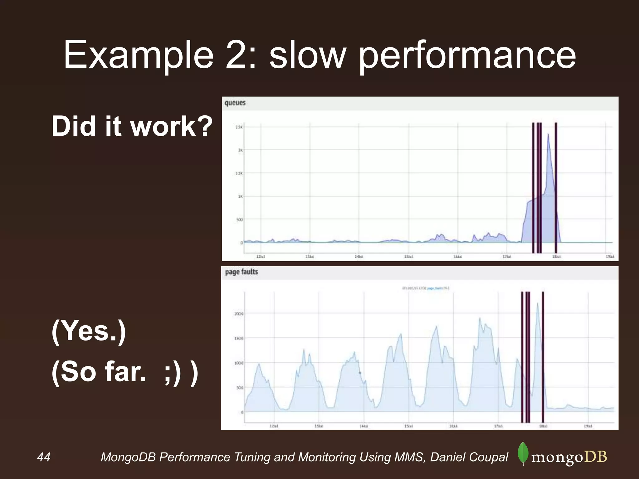 44 MongoDB Performance Tuning and Monitoring Using MMS, Daniel Coupal
Example 2: slow performance
Did it work?
(Yes.)
(So far. ;) )
 