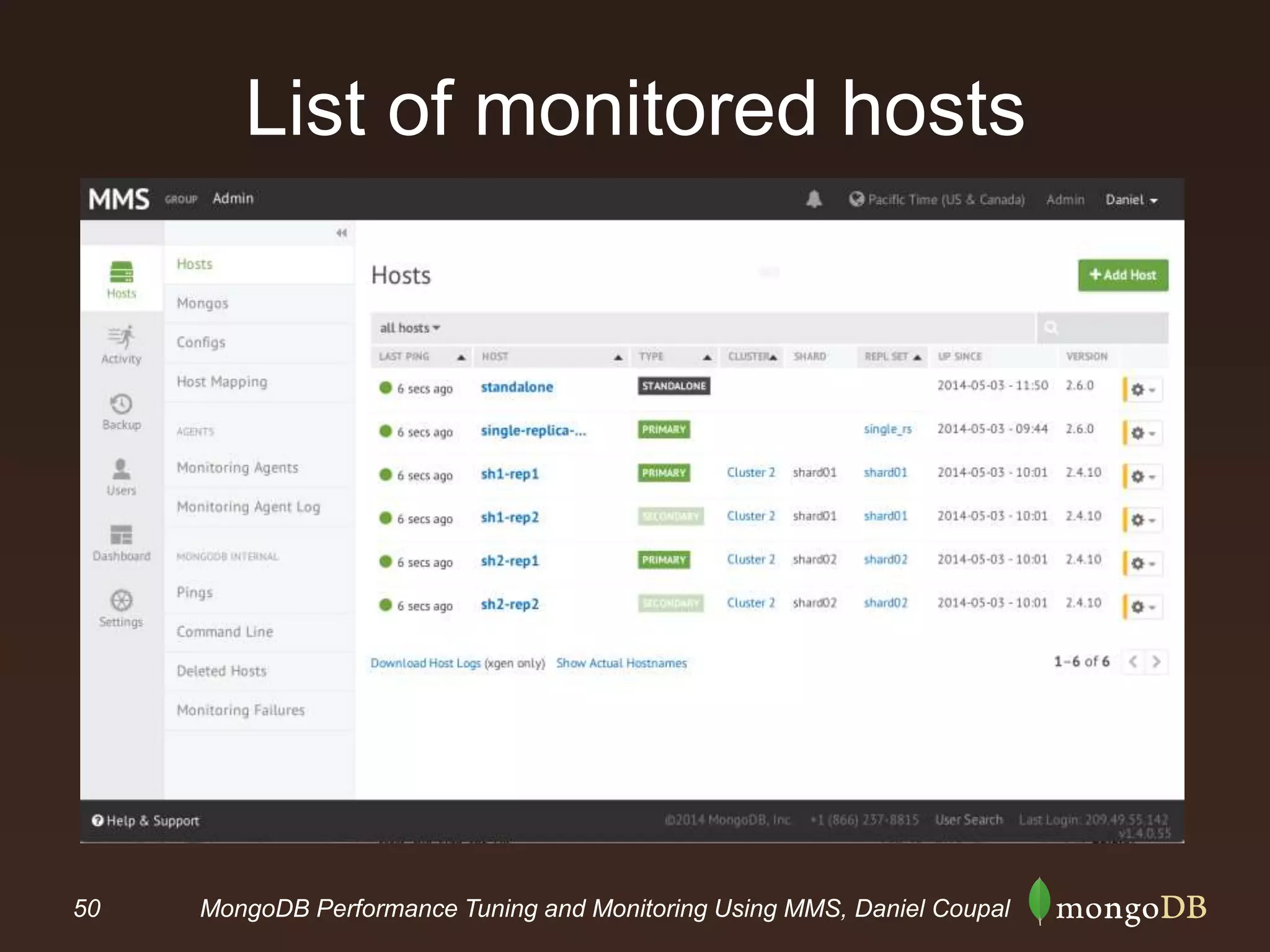 50 MongoDB Performance Tuning and Monitoring Using MMS, Daniel Coupal
List of monitored hosts
 