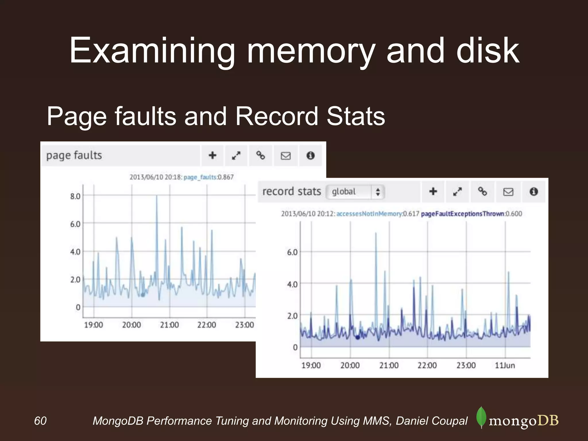 60 MongoDB Performance Tuning and Monitoring Using MMS, Daniel Coupal
Examining memory and disk
Page faults and Record Stats
 