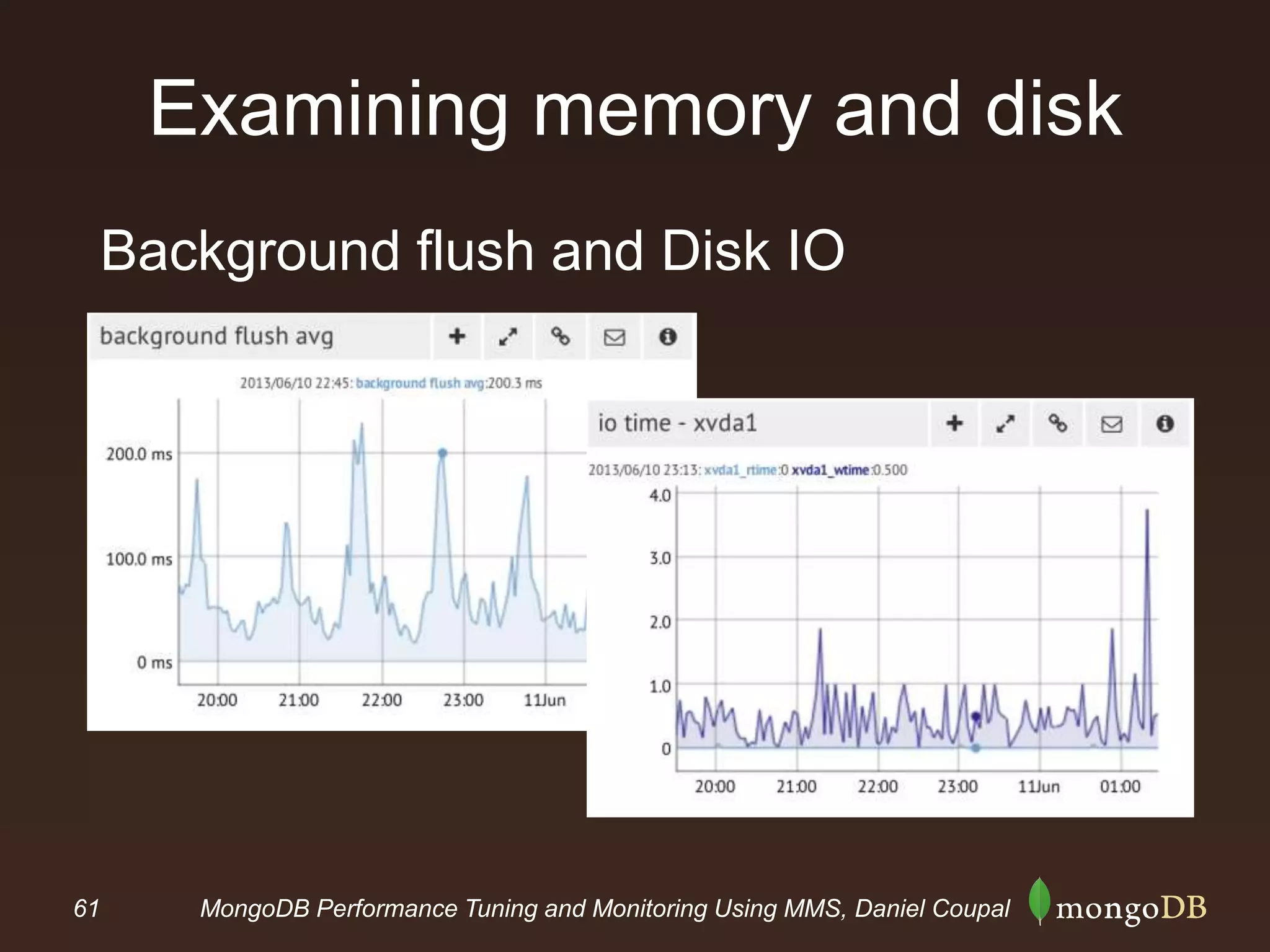 61 MongoDB Performance Tuning and Monitoring Using MMS, Daniel Coupal
Examining memory and disk
Background flush and Disk IO
(Check out http://www.wmarrow.com/strcalc/ )
 