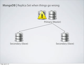 MongoDB | Replica Set when things go wrong
Primary (Master)
Secondary (Slave) Secondary (Slave)
Friday, April 12, 13
 