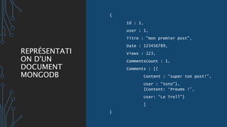 REPRÉSENTATI
ON D'UN
DOCUMENT
MONGODB
{
Id : 1,
user : 1,
Titre : "mon premier post",
Date : 123456789,
Views : 123,
CommentsCount : 1,
Comments : [{
Content : "super ton post!",
User : "toto”},
{Content: ‘Preums !’,
User: “Le Troll”}
]
}
 