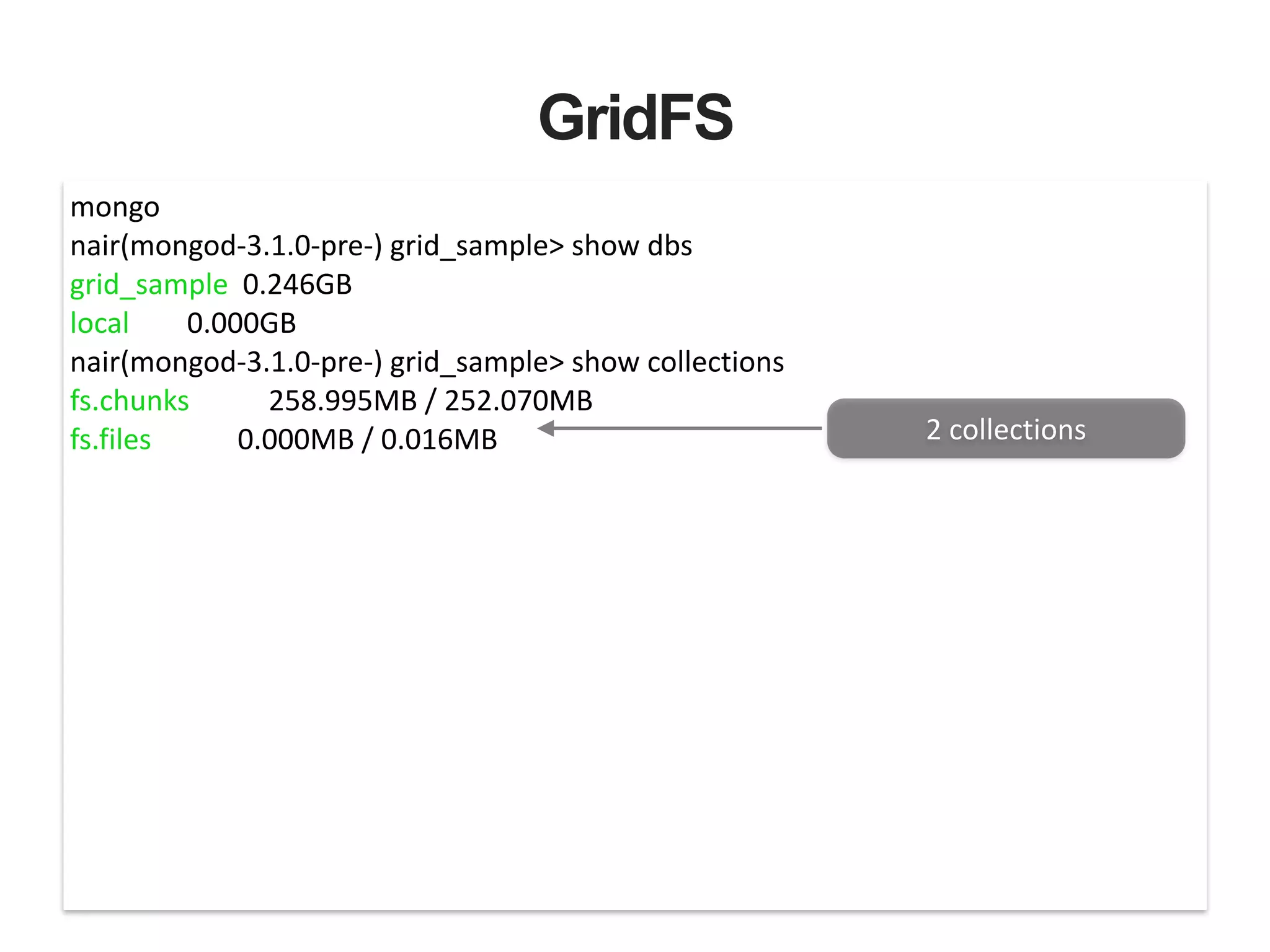 GridFS mongo   nair(mongod-­‐3.1.0-­‐pre-­‐)  grid_sample>  show  dbs   grid_sample    0.246GB   local                0.000GB   nair(mongod-­‐3.1.0-­‐pre-­‐)  grid_sample>  show  collections   fs.chunks                      258.995MB  /  252.070MB   fs.files                        0.000MB  /  0.016MB   2  collections 
