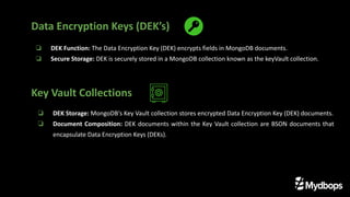 ❏ DEK Function: The Data Encryption Key (DEK) encrypts fields in MongoDB documents.
❏ Secure Storage: DEK is securely stored in a MongoDB collection known as the keyVault collection.
Key Vault Collections
❏ DEK Storage: MongoDB's Key Vault collection stores encrypted Data Encryption Key (DEK) documents.
❏ Document Composition: DEK documents within the Key Vault collection are BSON documents that
encapsulate Data Encryption Keys (DEKs).
Data Encryption Keys (DEK’s)
 