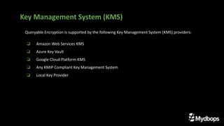 Queryable Encryption is supported by the following Key Management System (KMS) providers:
❏ Amazon Web Services KMS
❏ Azure Key Vault
❏ Google Cloud Platform KMS
❏ Any KMIP Compliant Key Management System
❏ Local Key Provider
Key Management System (KMS)
 