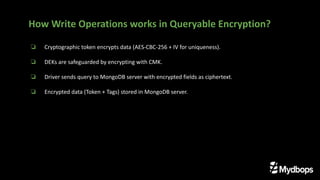 ❏ Cryptographic token encrypts data (AES-CBC-256 + IV for uniqueness).
❏ DEKs are safeguarded by encrypting with CMK.
❏ Driver sends query to MongoDB server with encrypted fields as ciphertext.
❏ Encrypted data (Token + Tags) stored in MongoDB server.
How Write Operations works in Queryable Encryption?
 