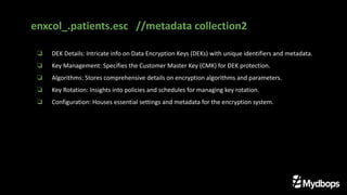 ❏ DEK Details: Intricate info on Data Encryption Keys (DEKs) with unique identifiers and metadata.
❏ Key Management: Specifies the Customer Master Key (CMK) for DEK protection.
❏ Algorithms: Stores comprehensive details on encryption algorithms and parameters.
❏ Key Rotation: Insights into policies and schedules for managing key rotation.
❏ Configuration: Houses essential settings and metadata for the encryption system.
enxcol_.patients.esc //metadata collection2
 