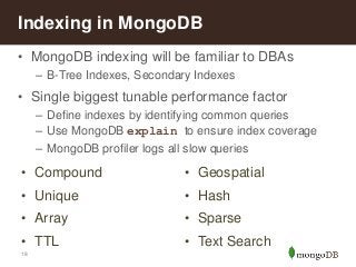 Indexing in MongoDB
• MongoDB indexing will be familiar to DBAs
– B-Tree Indexes, Secondary Indexes

• Single biggest tuna...