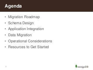 Agenda
• Migration Roadmap
• Schema Design
• Application Integration
• Data Migration
• Operational Considerations

• Reso...