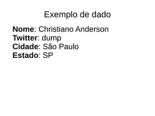 Exemplo de dado 
Nome: Christiano Anderson 
Twitter: dump 
Cidade: São Paulo 
Estado: SP 
 