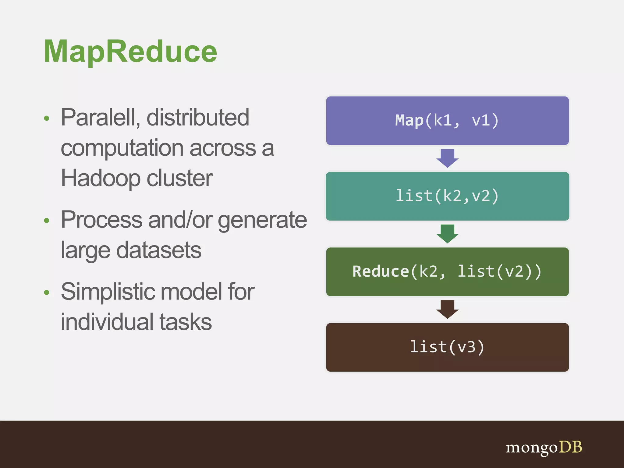 MapReduce 
• Paralell, distributed 
computation across a 
Hadoop cluster 
• Process and/or generate 
large datasets 
• Simplistic model for 
individual tasks 
Map(k1, v1) 
list(k2,v2) 
Reduce(k2, list(v2)) 
list(v3) 
 